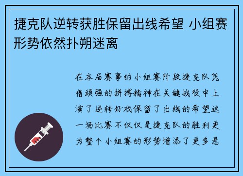 捷克队逆转获胜保留出线希望 小组赛形势依然扑朔迷离