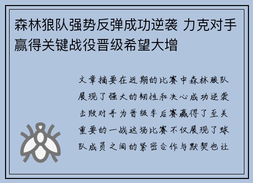 森林狼队强势反弹成功逆袭 力克对手赢得关键战役晋级希望大增