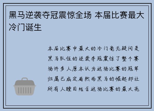 黑马逆袭夺冠震惊全场 本届比赛最大冷门诞生
